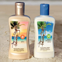 Panama Jack front packaging showing both SPF 8 and SPF 30 sunscreens for travel convenience