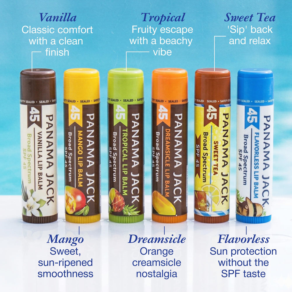 Panama Jack four flavors laid out to show variety and encourage regular reapplication