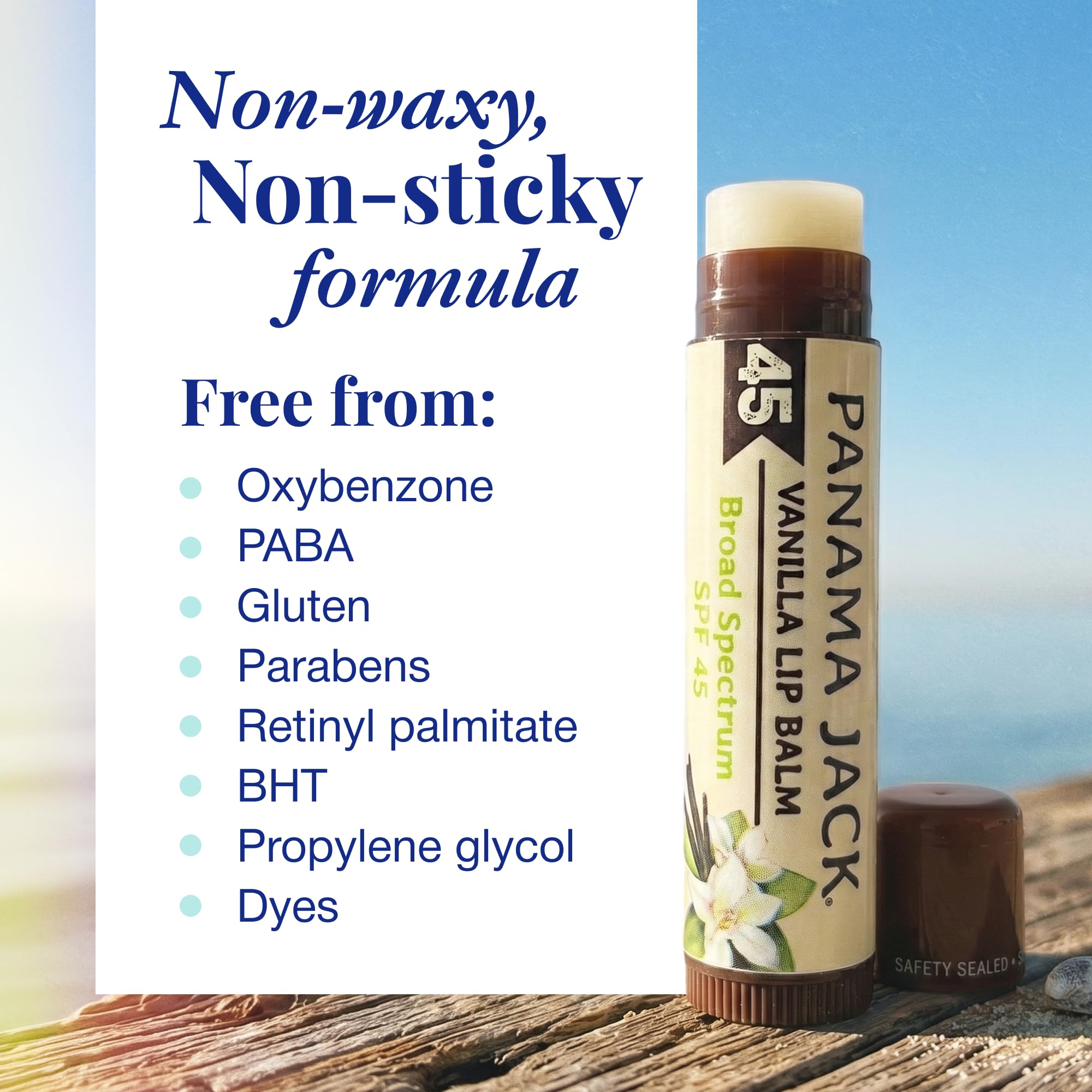 Panama Jack tube next to coin for size comparison; pocket-friendly and portable