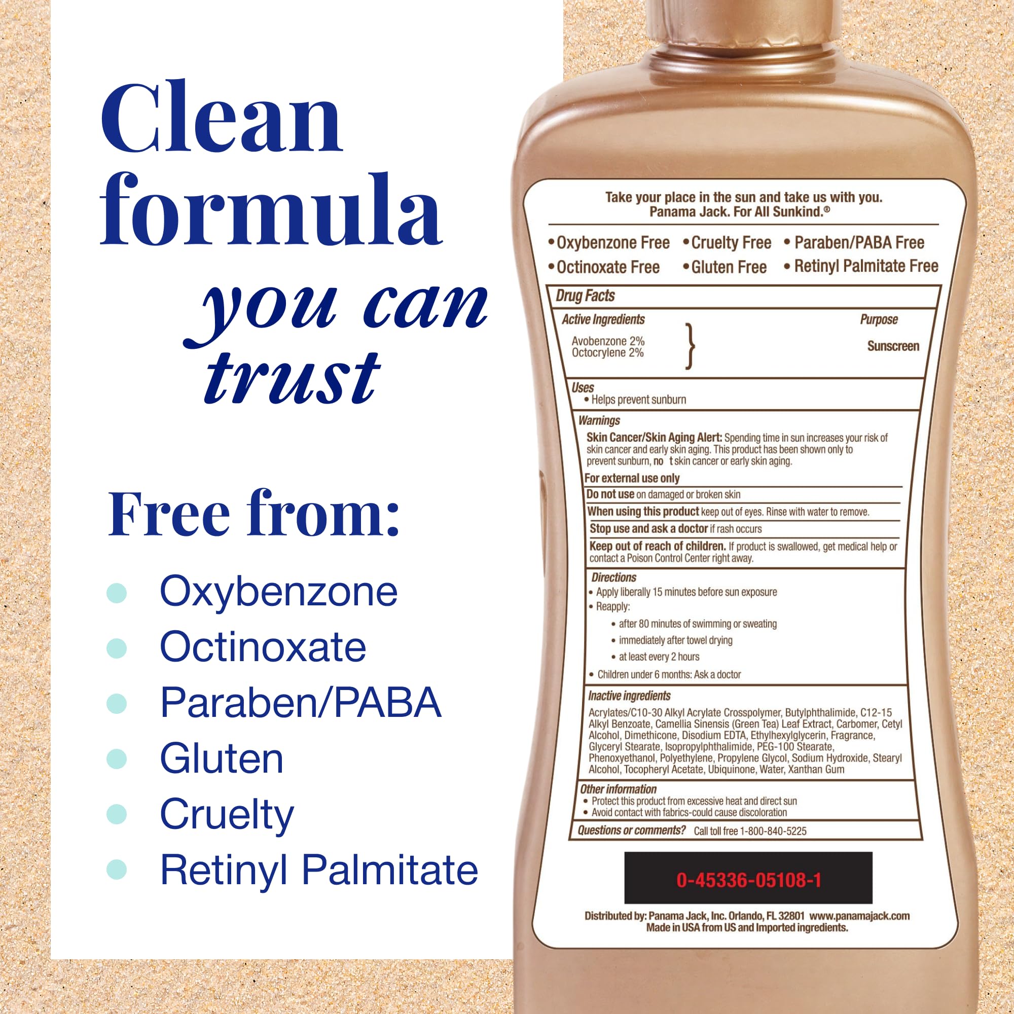 Panama Jack SPF 30 bottle close-up showing broad-spectrum protection and clear labeling benefit