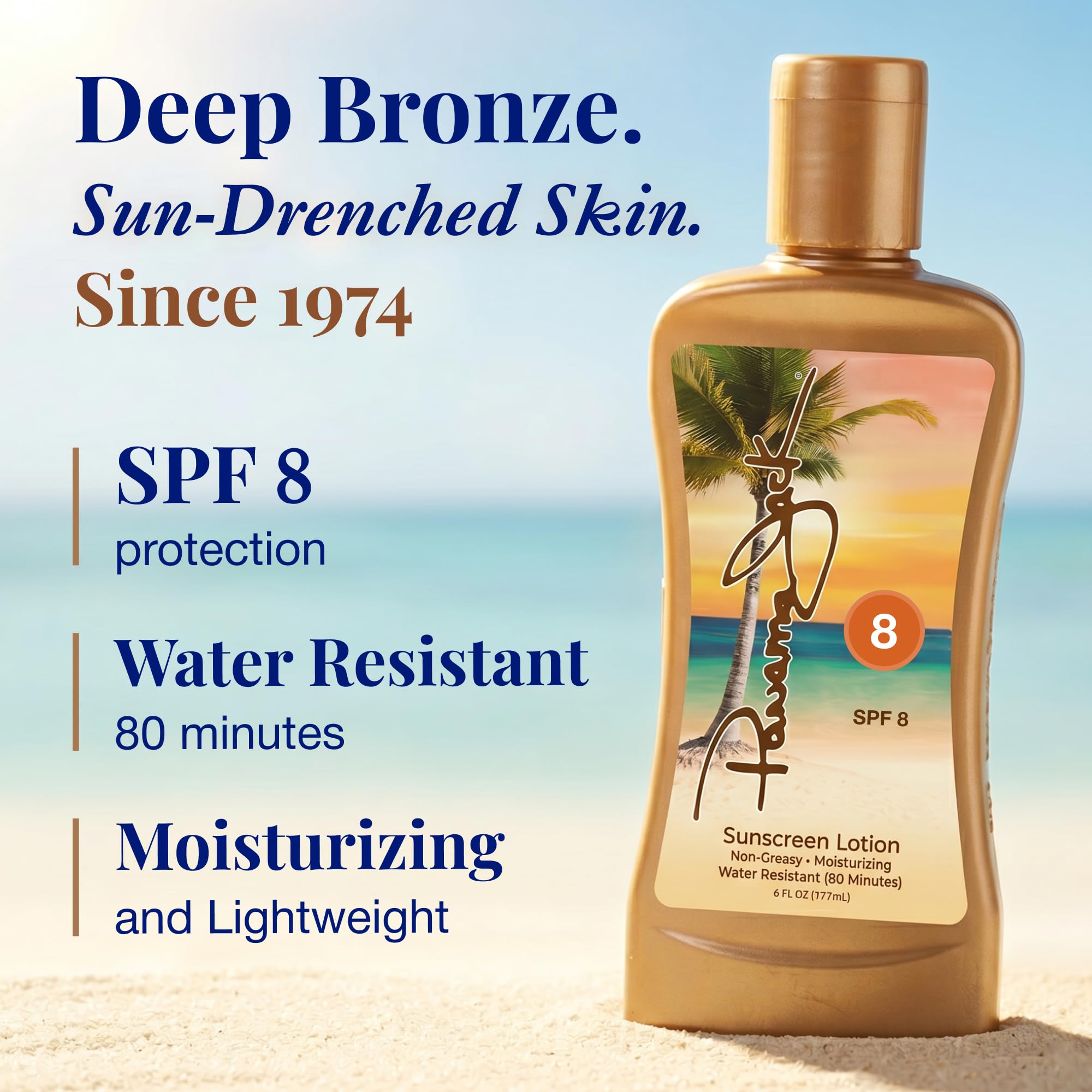 Panama Jack SPF 8 bottle close-up showing label and tanning-focused lightweight texture benefit