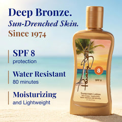 Panama Jack SPF 8 bottle close-up showing label and tanning-focused lightweight texture benefit