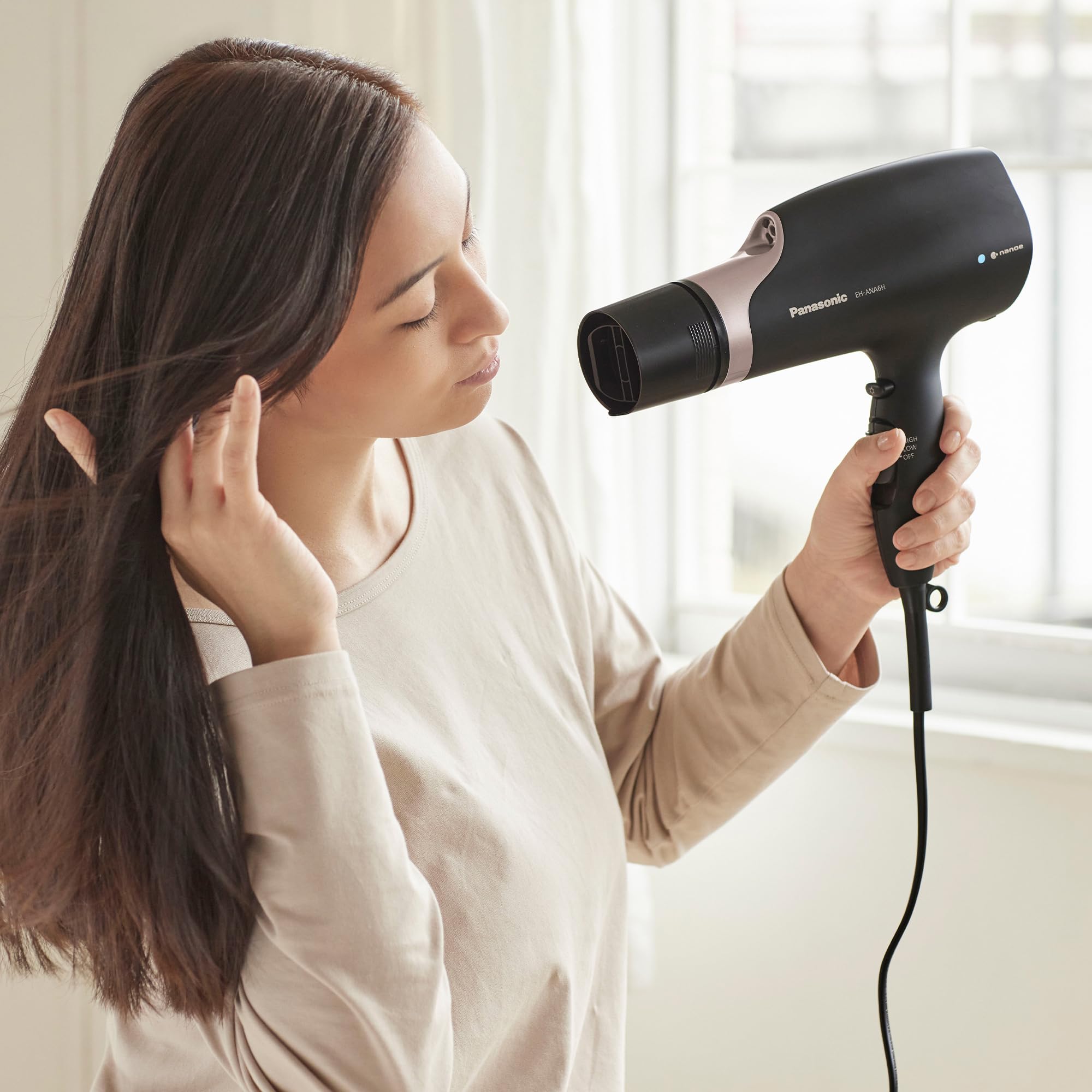 Panasonic drying hair texture and finish demonstrating reduced frizz and shine