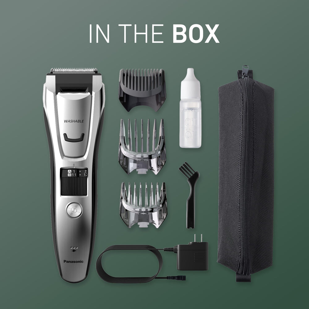Panasonic ER-GB80 packaging and contents laid out to show included accessories