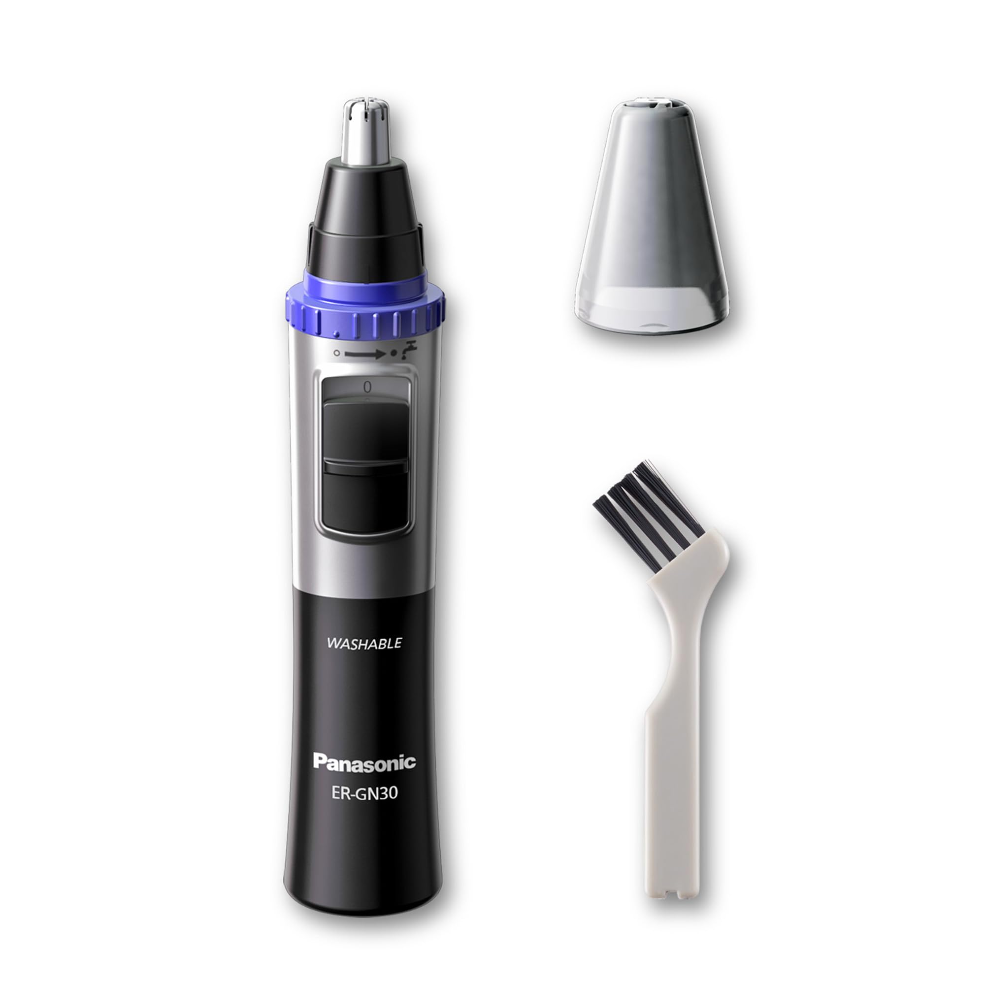 Panasonic ER-GN30-K side profile highlighting curved head and angled body for precision