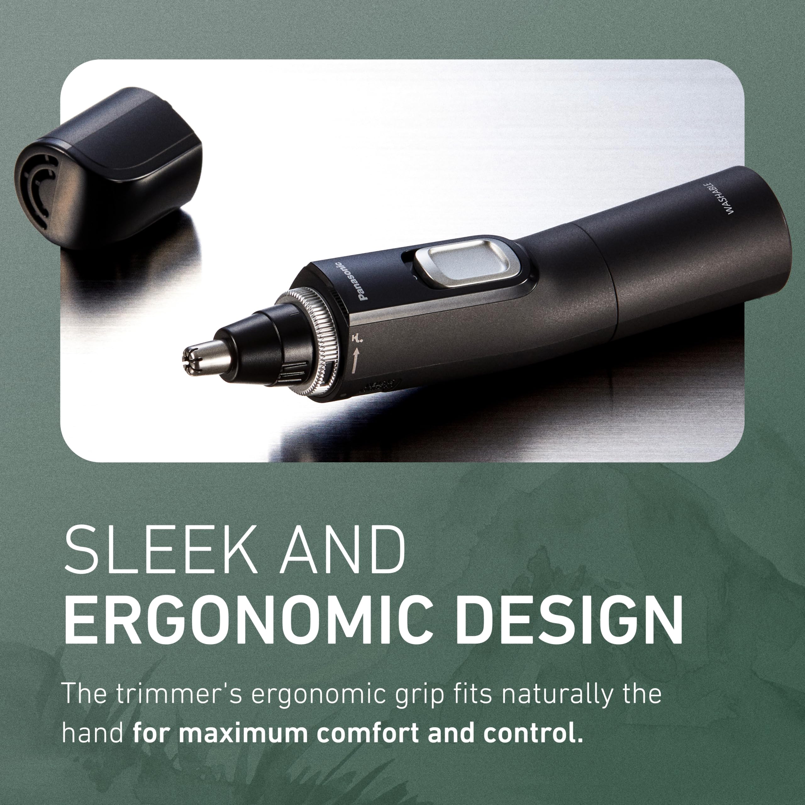 Panasonic ER-GN70-K shown trimming nose hair demonstrating quiet, tug-free performance