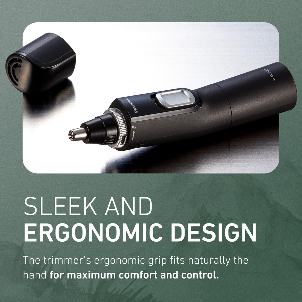 Panasonic ER-GN70-K shown trimming nose hair demonstrating quiet, tug-free performance