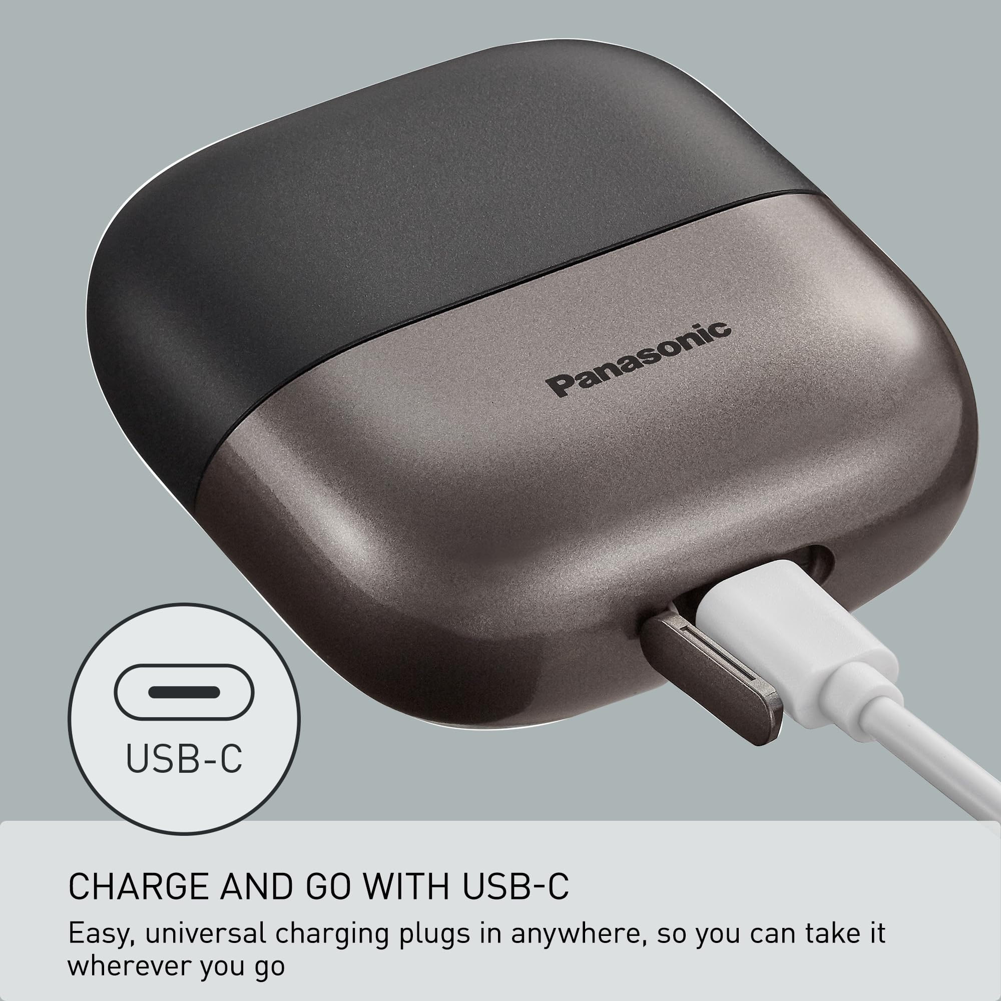 Panasonic ES-CM3A plugged into USB-C port for fast charging convenience