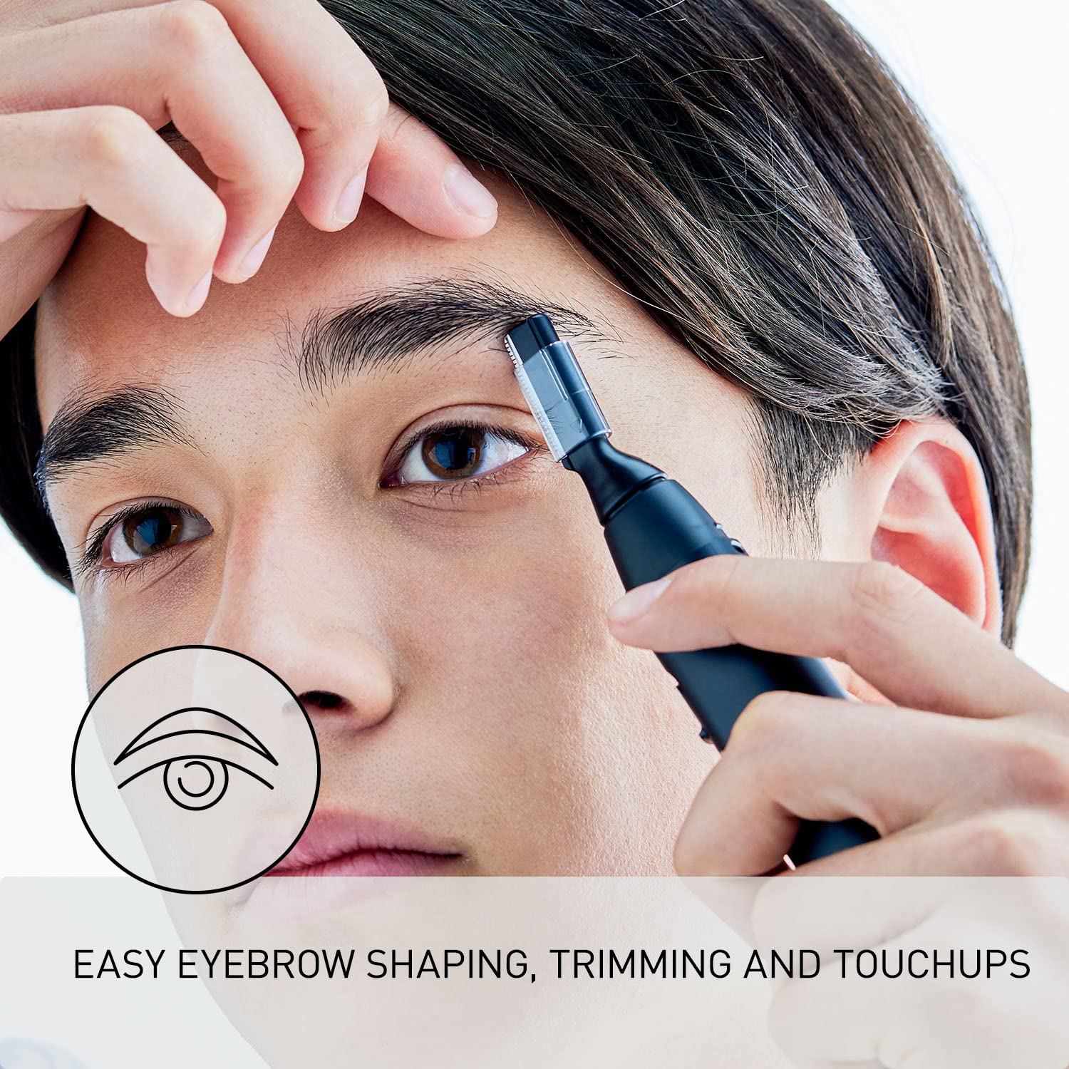 Panasonic eyebrow shaver cover protecting lashes during trimming