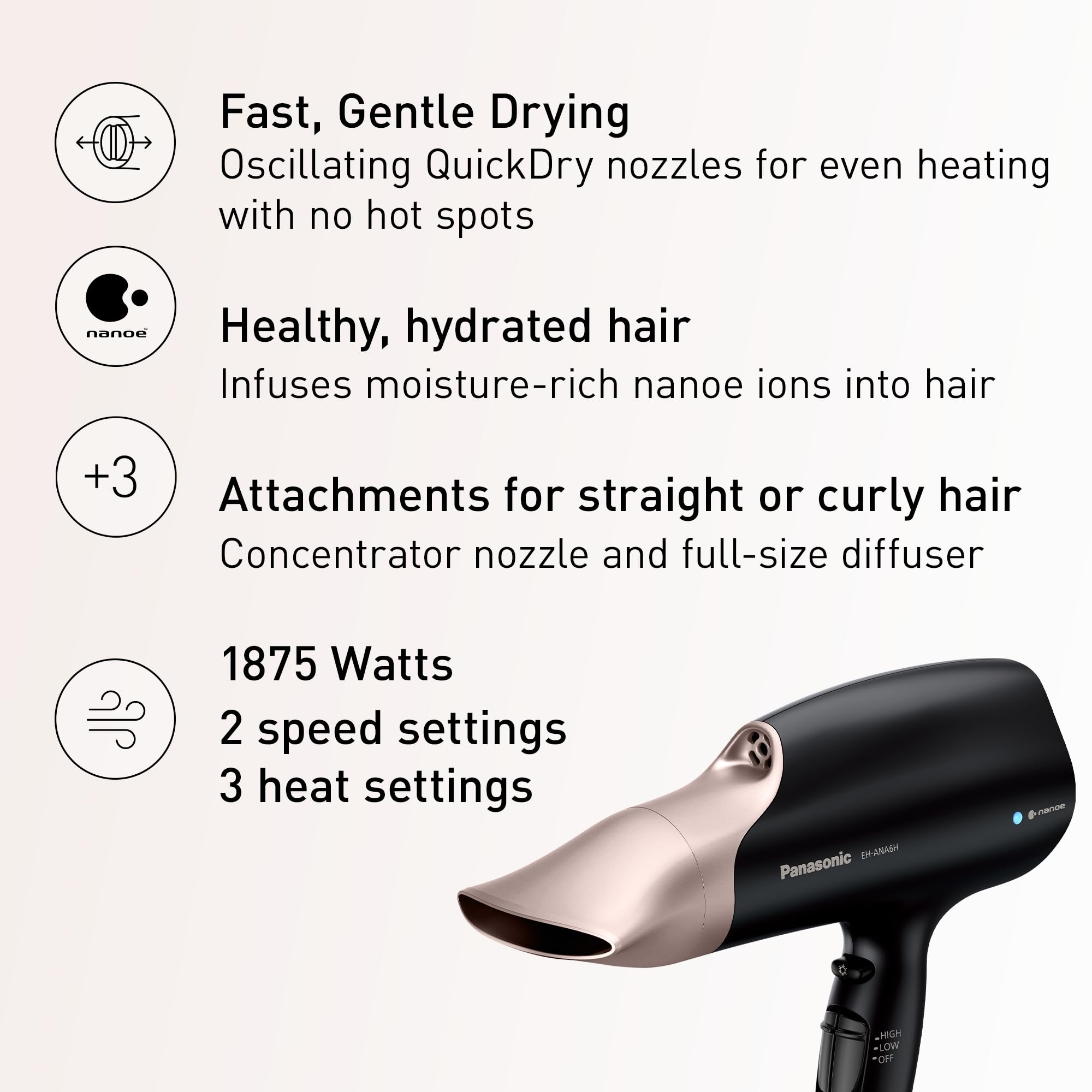 Panasonic nanoe oscillating nozzle closeup highlighting even airflow benefits