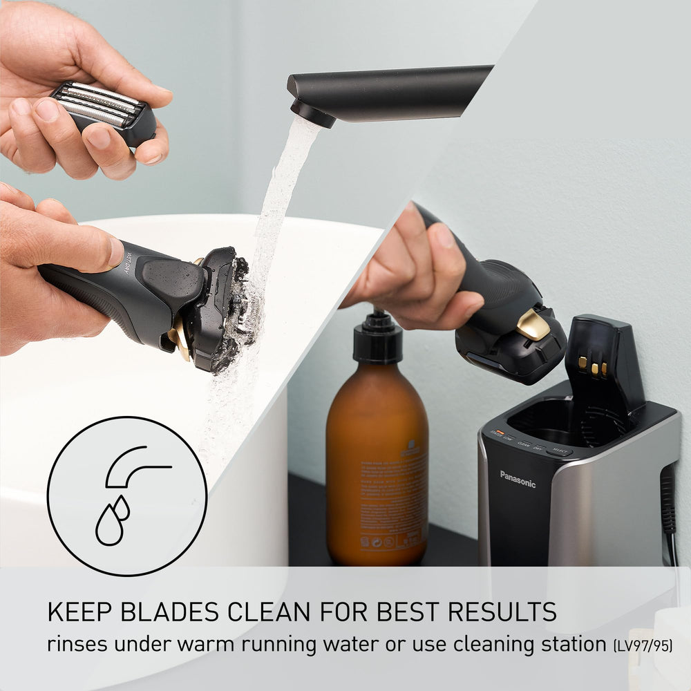 Panasonic ARC5 shaver in bathroom lifestyle scene for reliable daily grooming benefit