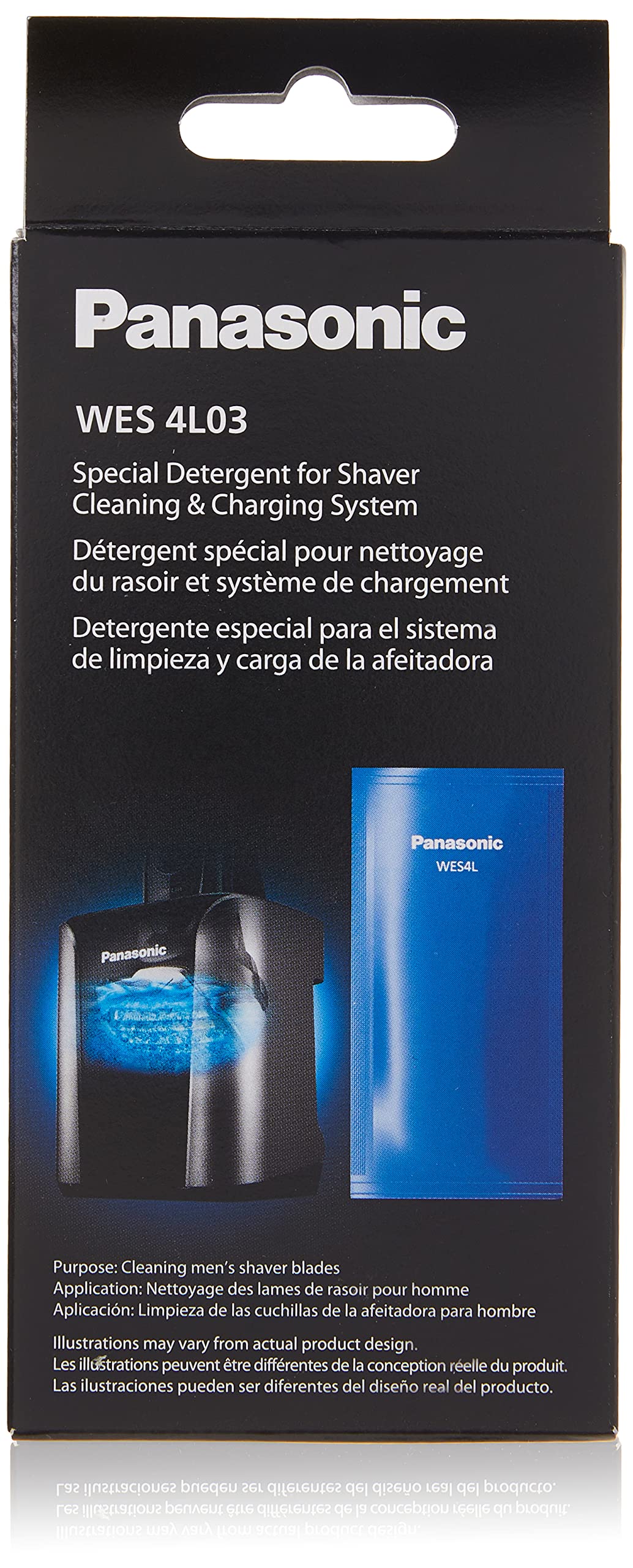 Panasonic WES4L03 front packaging showing three refill packs and benefit of clean shaver