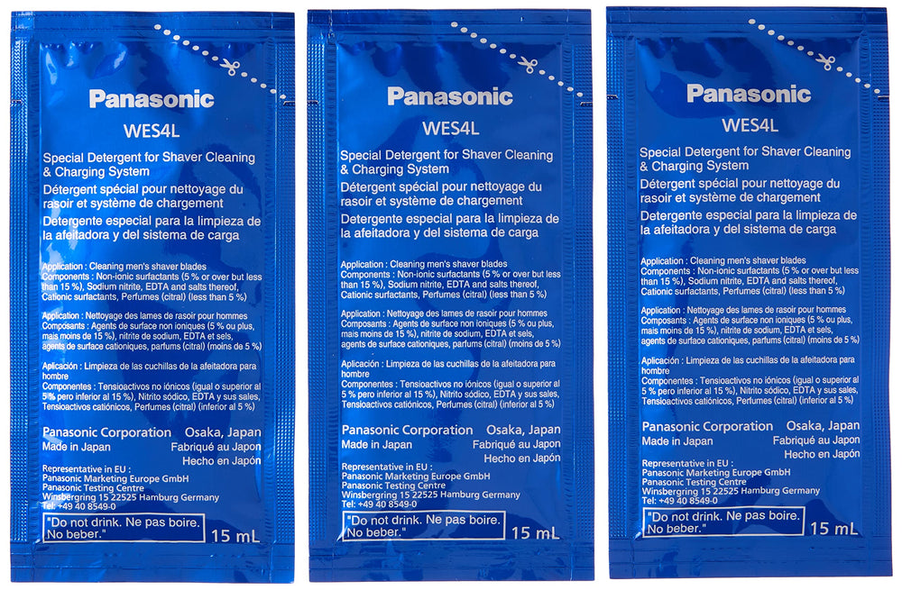 Pouring Panasonic WES4L03 solution into reservoir demonstrating simple refill and effective cleaning