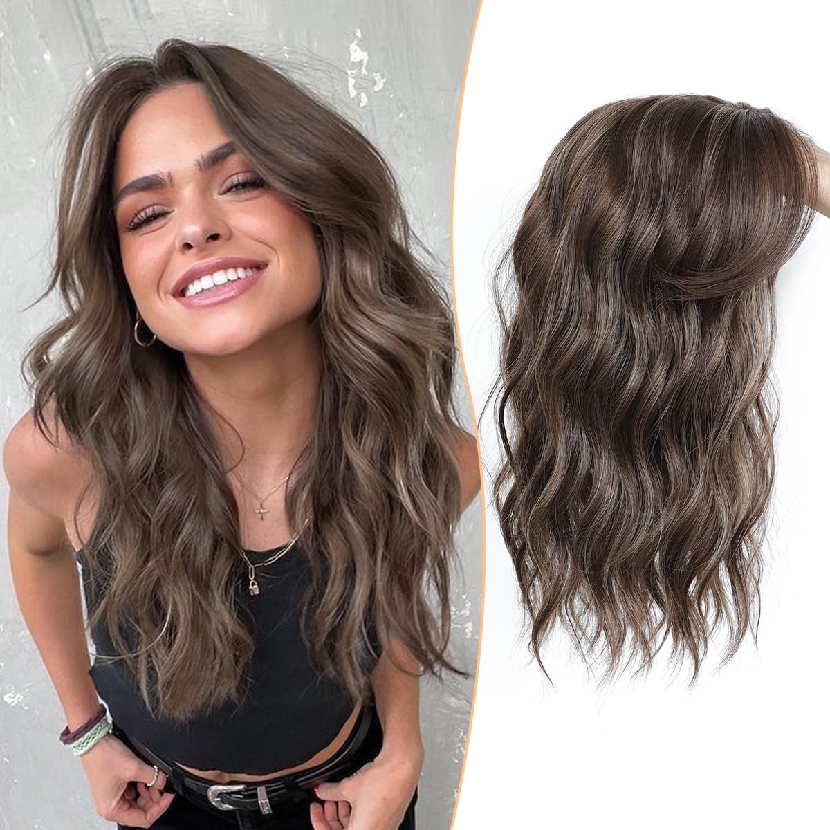 PANEWAY front view of brown highlights topper showing natural volume