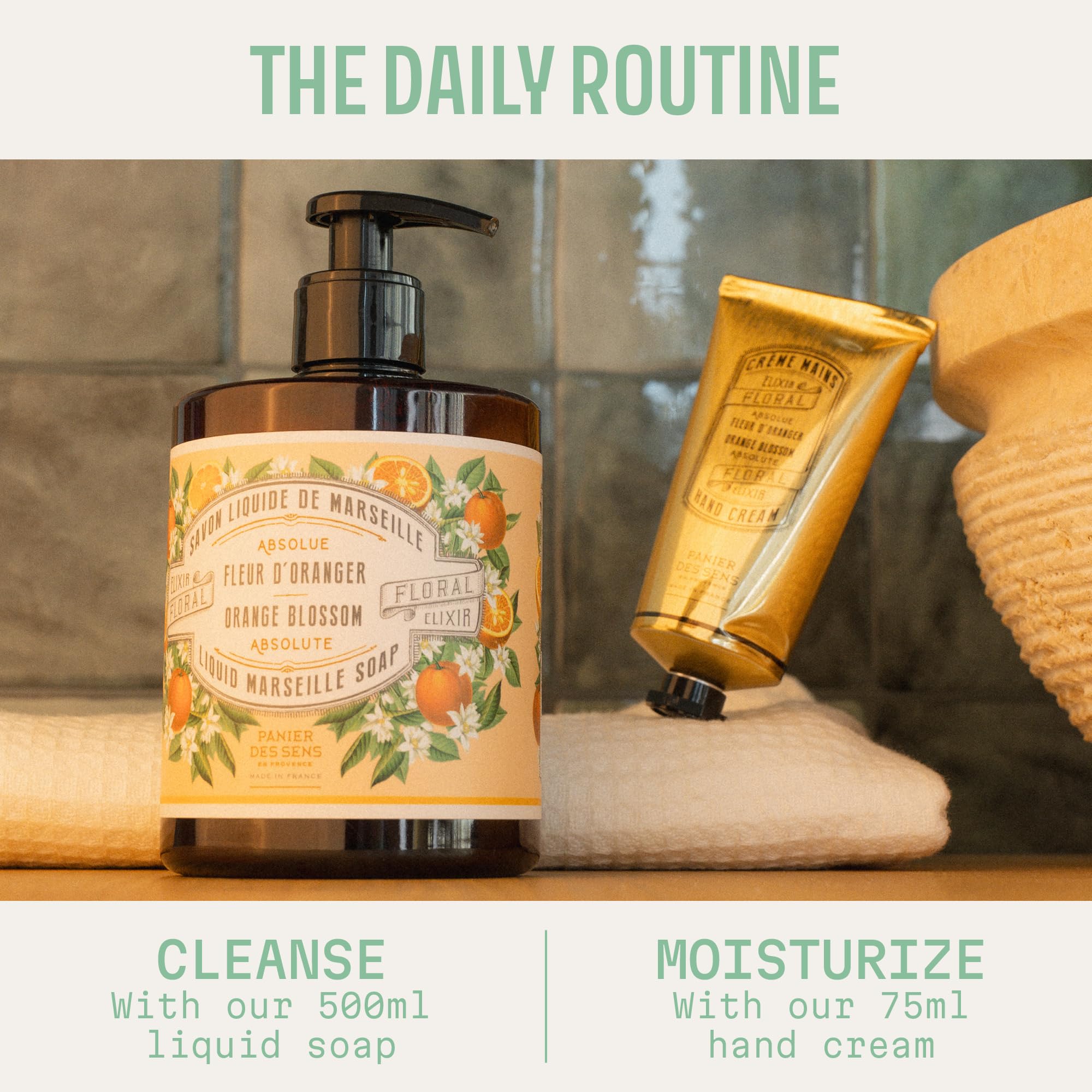 Panier des Sens on bathroom vanity illustrating daily skincare ritual benefit