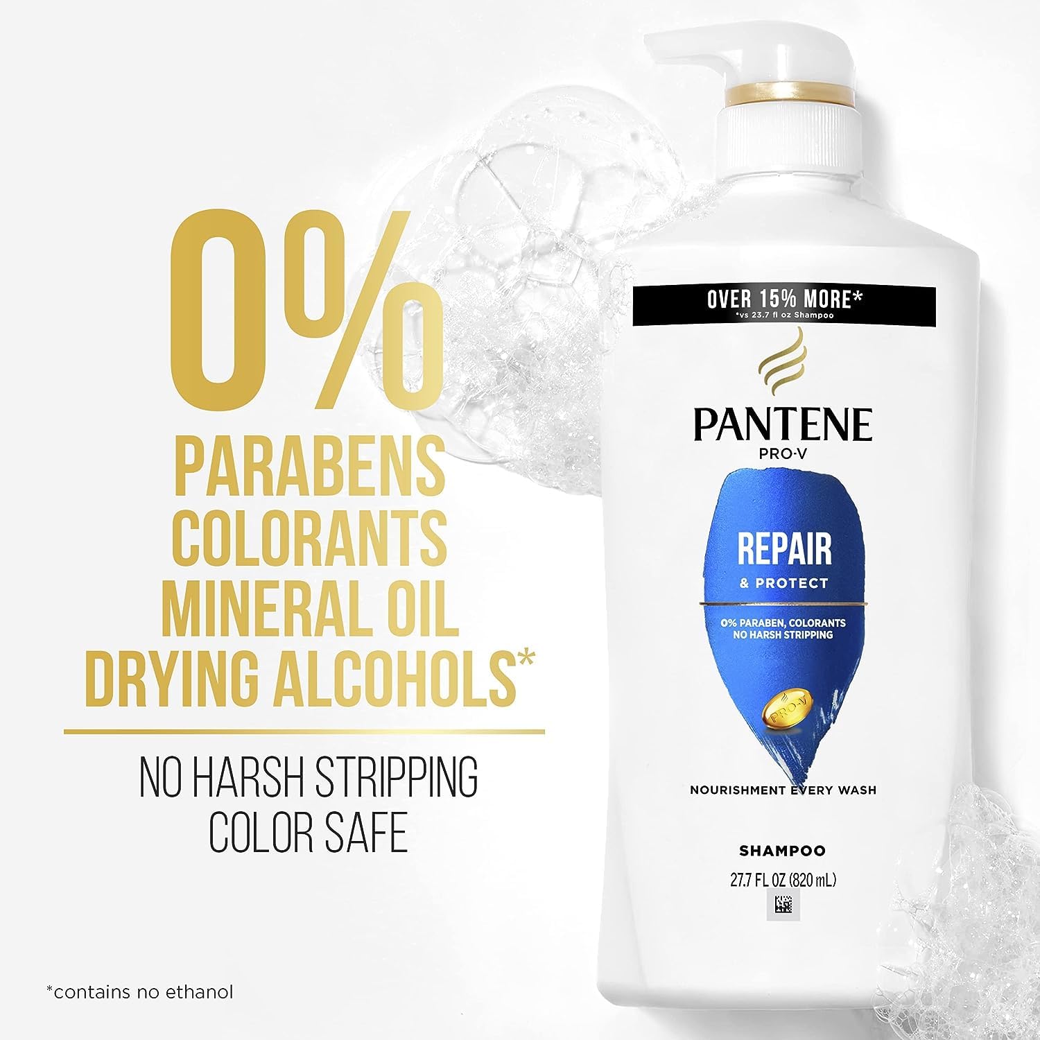 Pantene shampoo label close-up highlighting Pro-V nutrients and protection