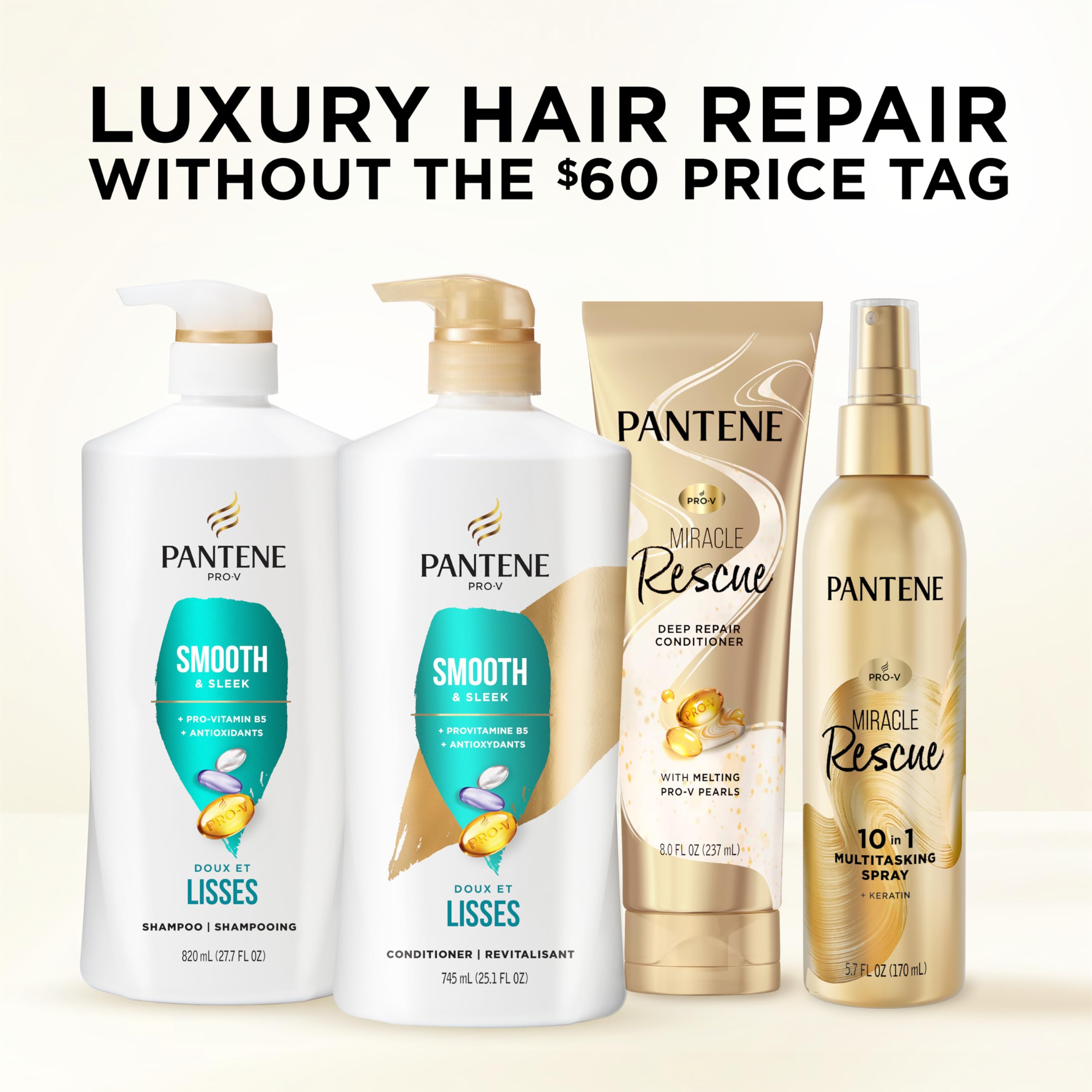 Pantene bottles beside hairbrush showing product size and scale