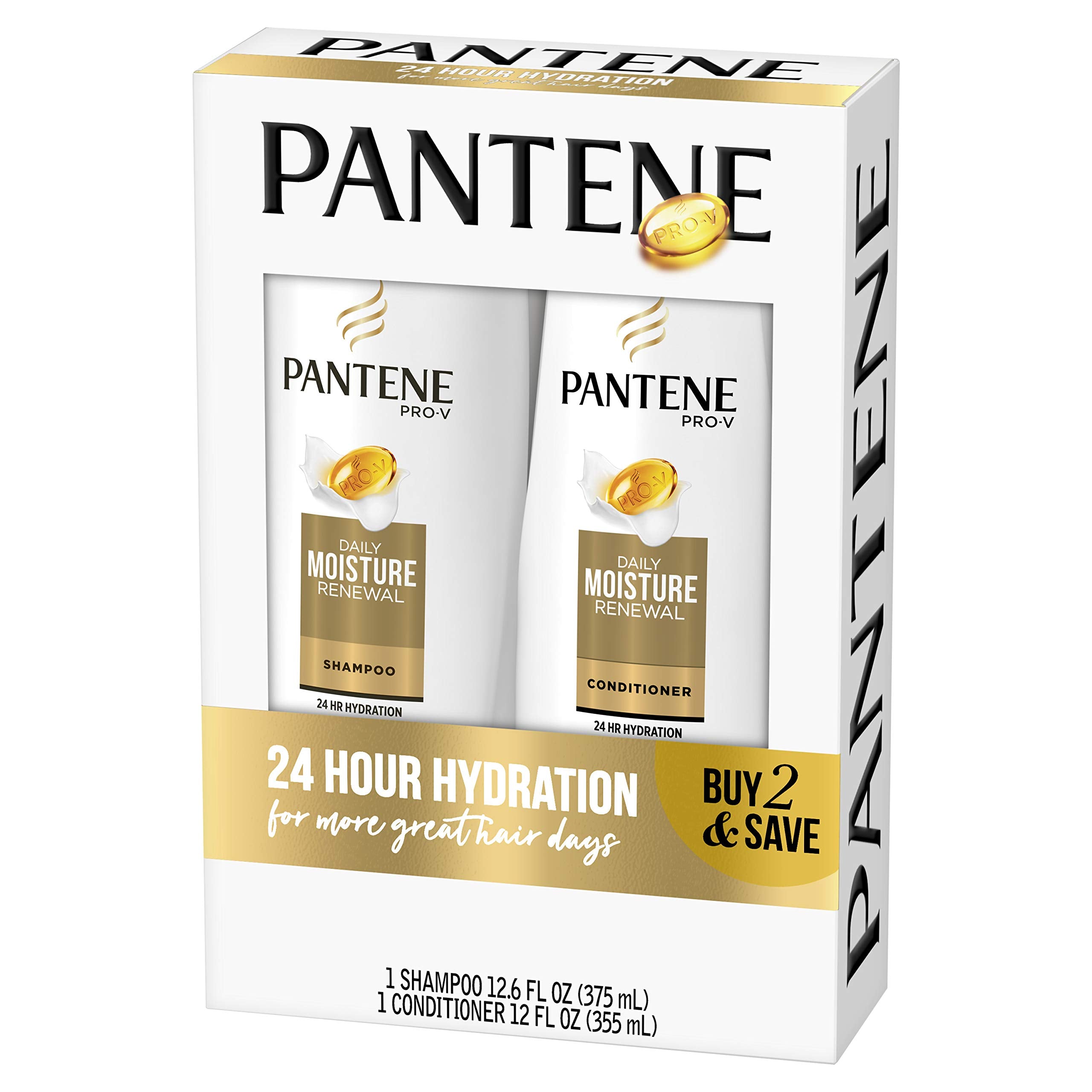 Pantene shampoo bottle close-up showing label and easy-dispense cap
