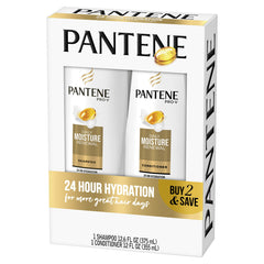Pantene shampoo bottle close-up showing label and easy-dispense cap