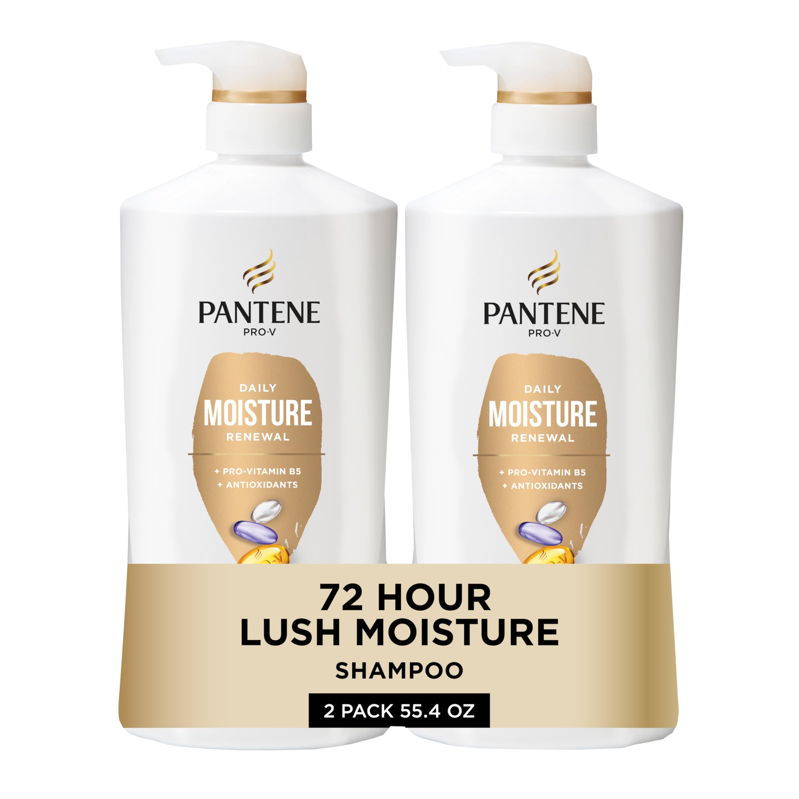 Pantene front packaging showing two shampoo bottles and included Miracle Rescue Shot benefits hydration