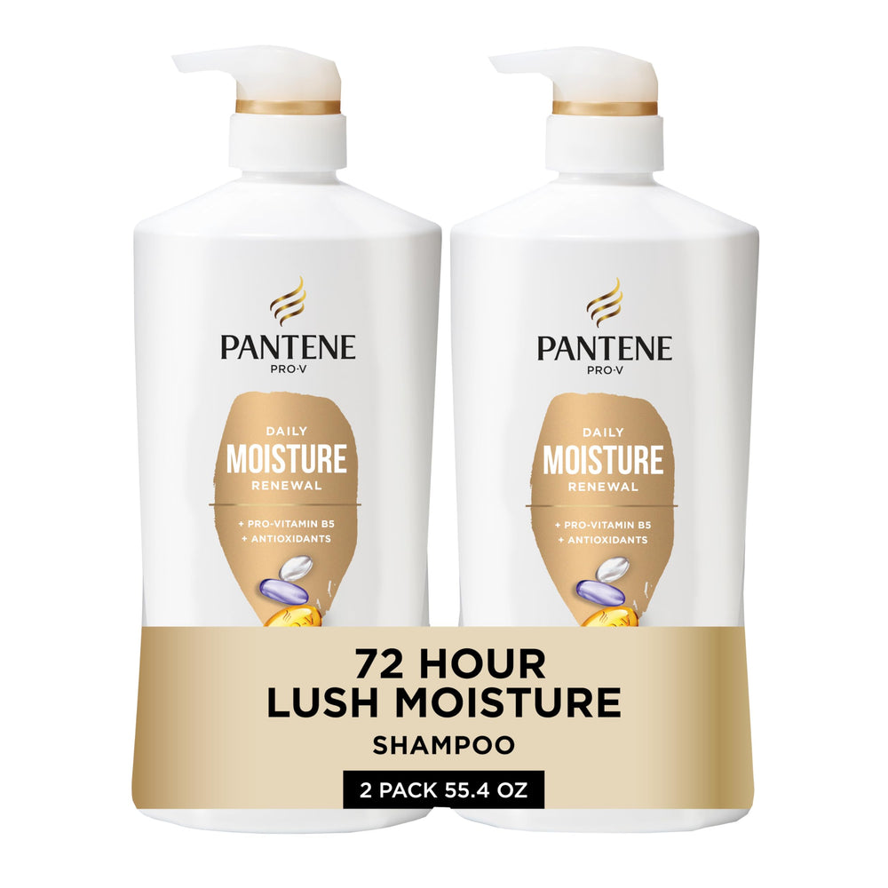 Pantene front packaging showing two shampoo bottles and included Miracle Rescue Shot benefits hydration