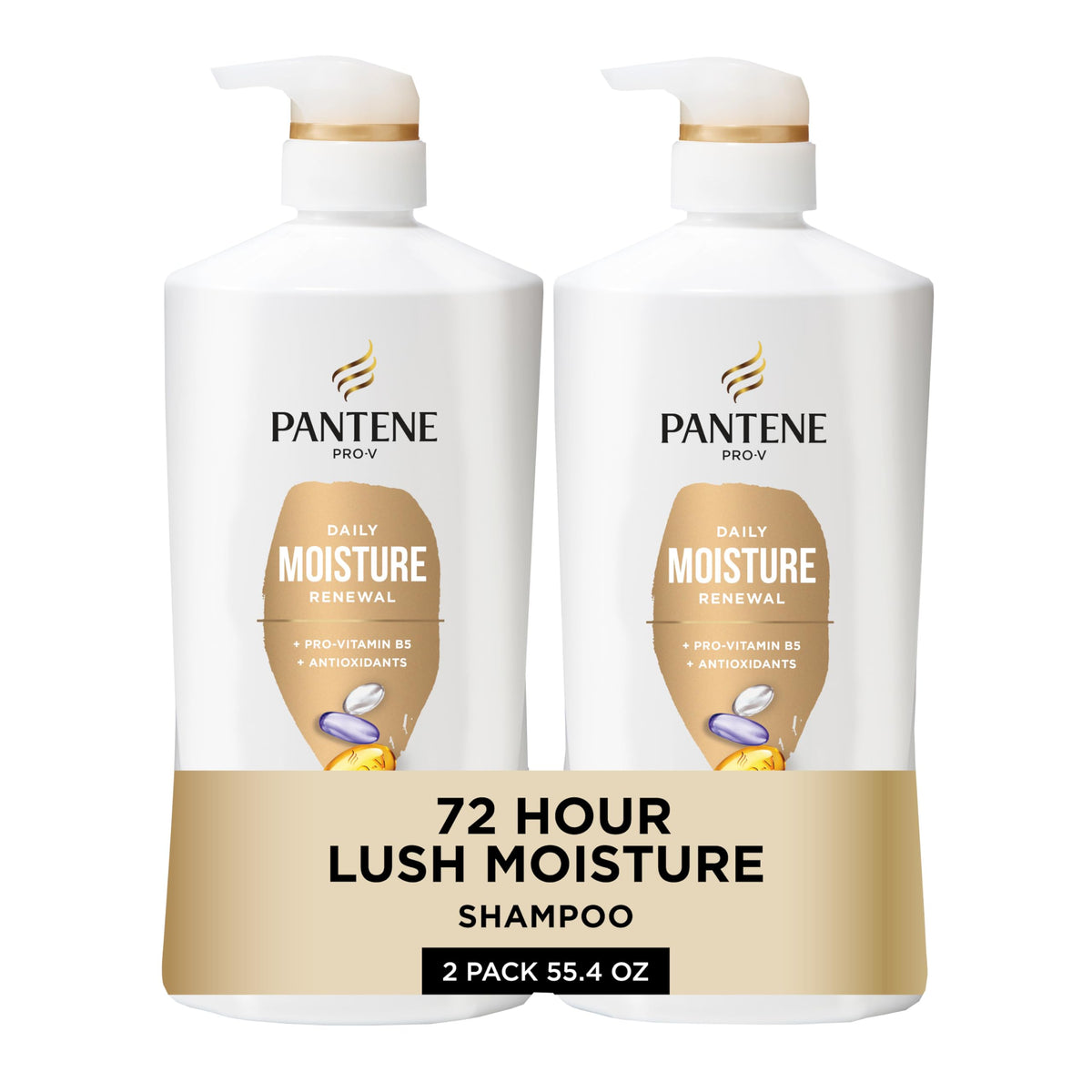 Pantene front packaging showing two shampoo bottles and included Miracle Rescue Shot benefits hydration
