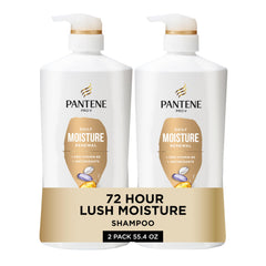 Pantene front packaging showing two shampoo bottles and included Miracle Rescue Shot benefits hydration