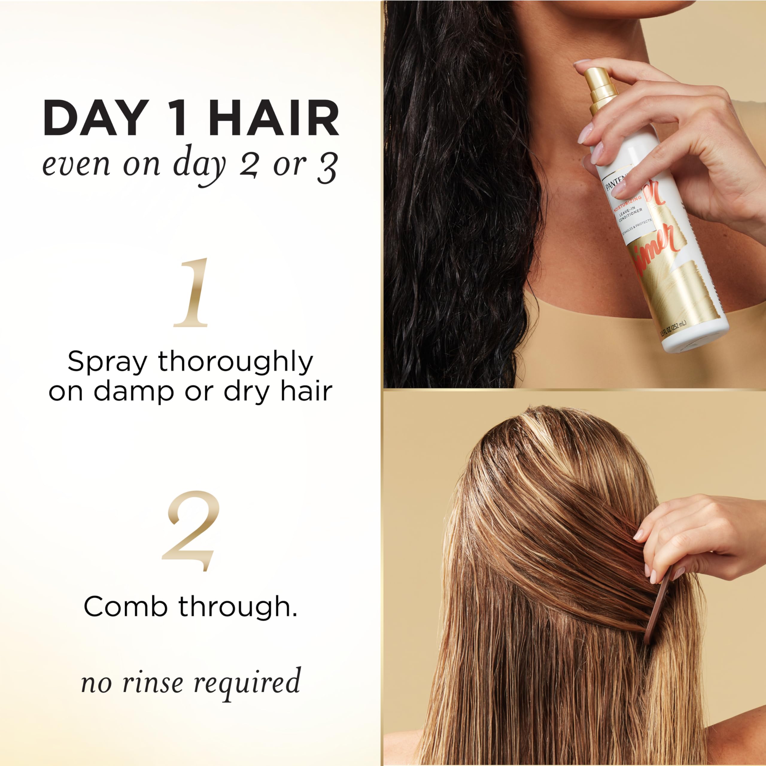 Pantene being sprayed on wet hair to ease detangling and speed styling