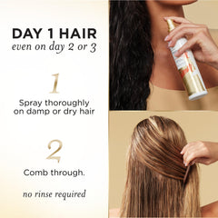 Pantene being sprayed on wet hair to ease detangling and speed styling