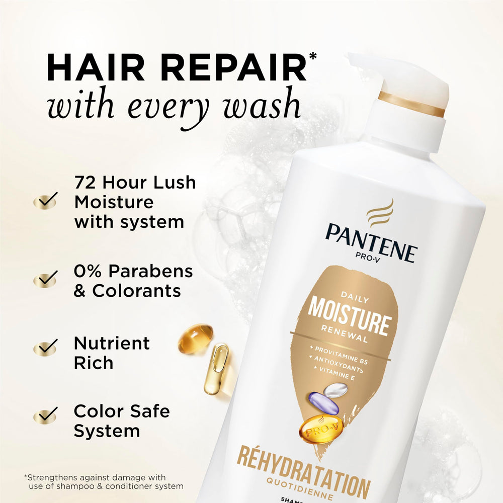 Pantene label close-up highlighting Pro‑V nutrients and vitamin E benefits