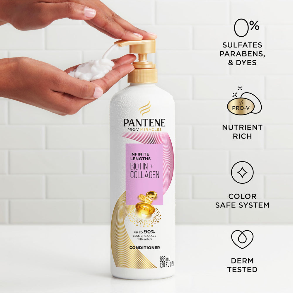 Pantene label close-up listing Pro‑Vitamin B5, Biotin, Collagen ingredients