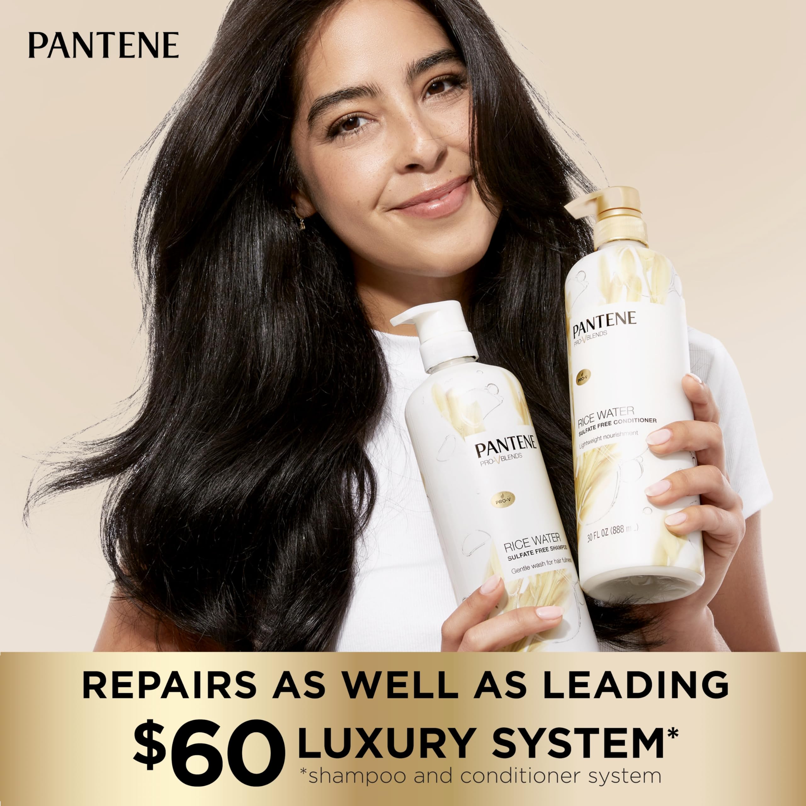 Pantene rice water shampoo in shower being massaged into wet hair