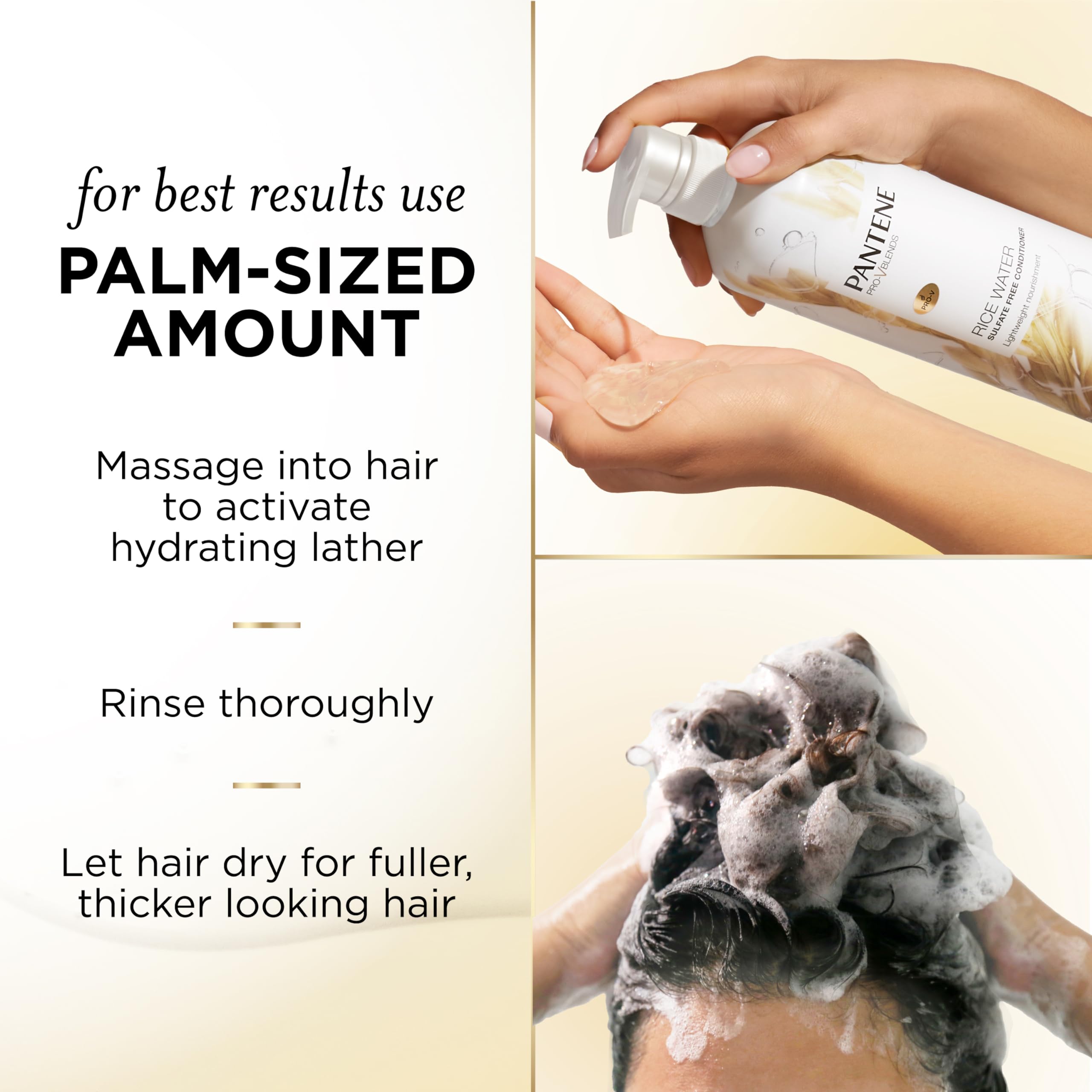 Pantene rice water next to rice grains illustrating key natural ingredient