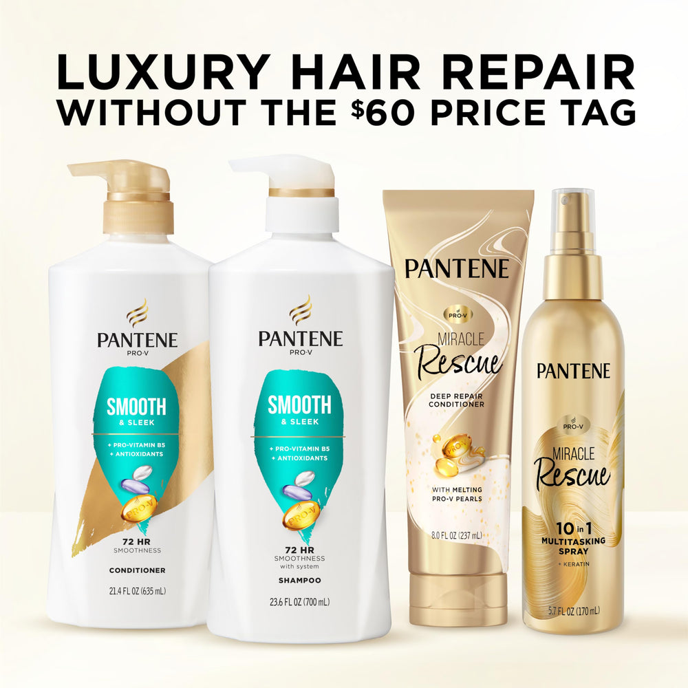 Pantene bottles next to hand showing 52.8 oz total size scale