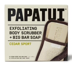 PAPATUI front packaging showing cedar sport big bar and scrubber for rugged clean