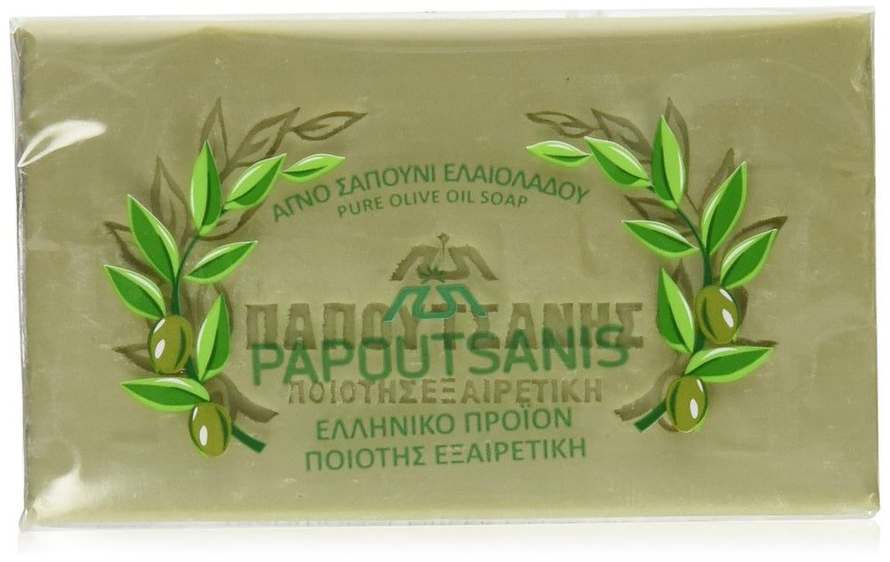Papoutsanis olive oil soap front packaging showing six 125g bars and clear branding for convenient stocking