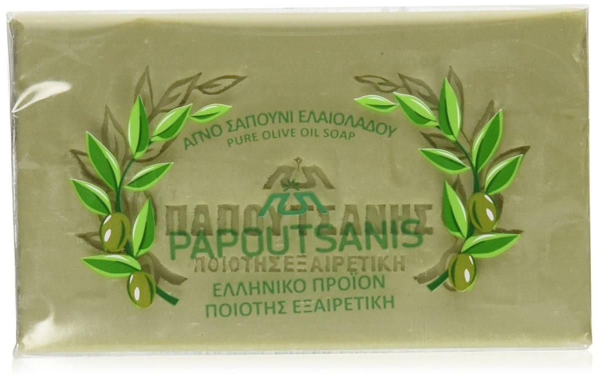 Papoutsanis olive oil soap front packaging showing six 125g bars and clear branding for convenient stocking