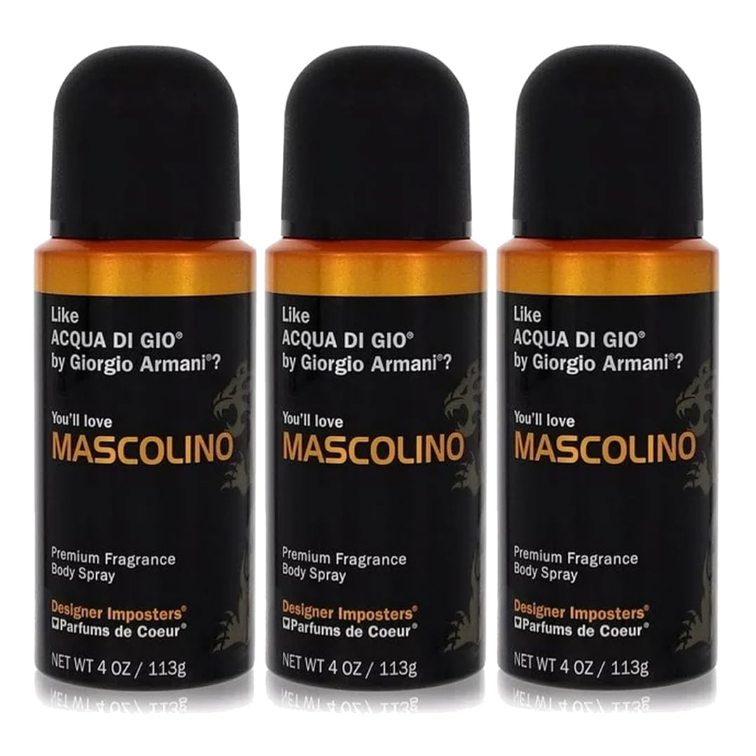 Parfums De Coeur Mascolino front packaging showing 4 oz spray, ideal travel-friendly fresh scent