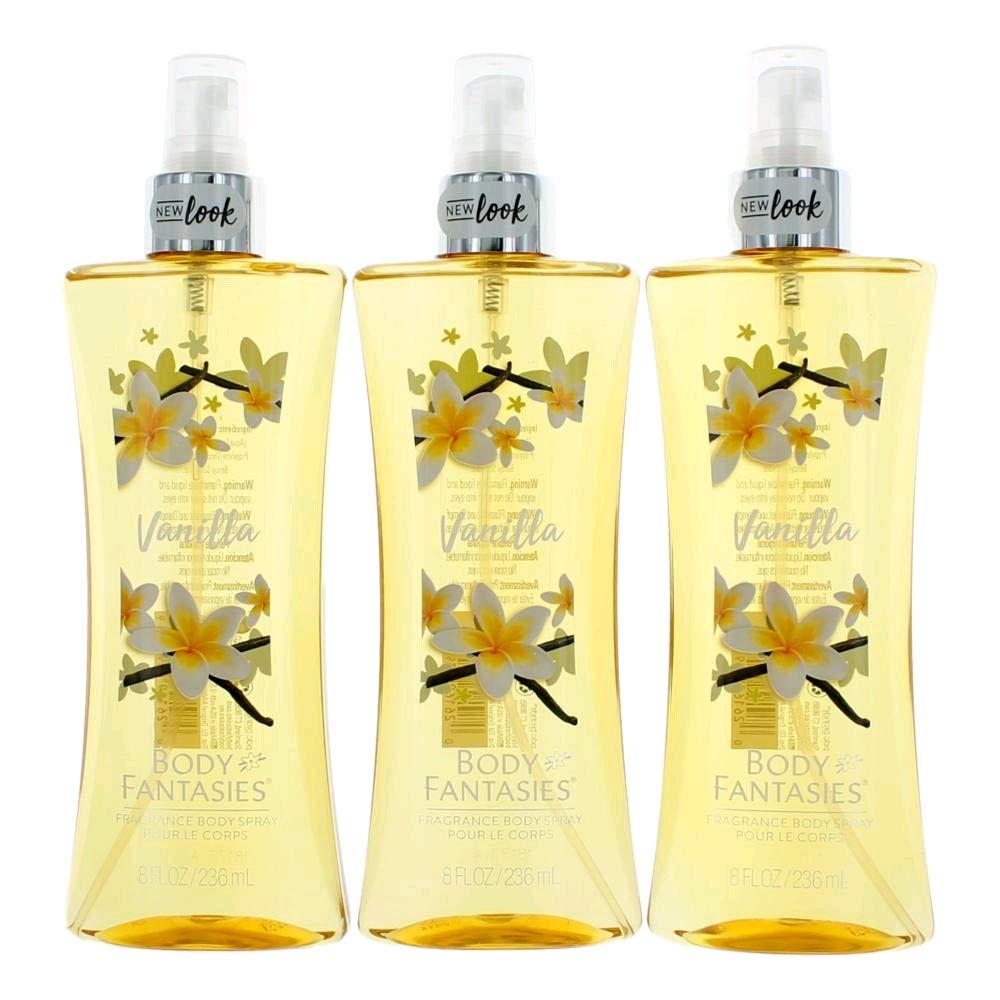 Parfums De Coeur bottle front packaging showing vanilla scent and convenient 3-pack benefit