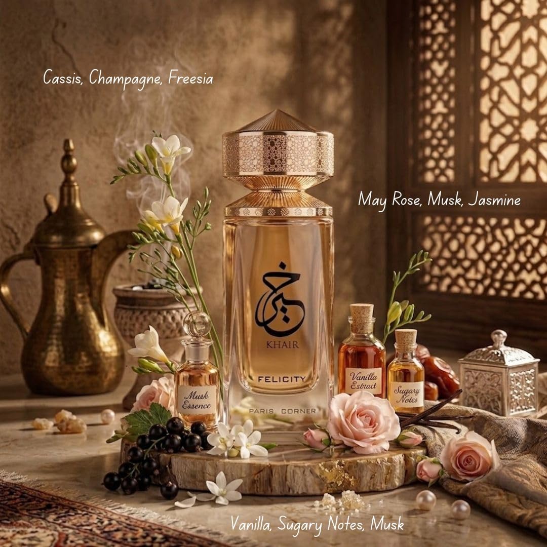 Paris Corner Khair Felicity ingredient arrangement highlighting champagne, rose, jasmine and vanilla