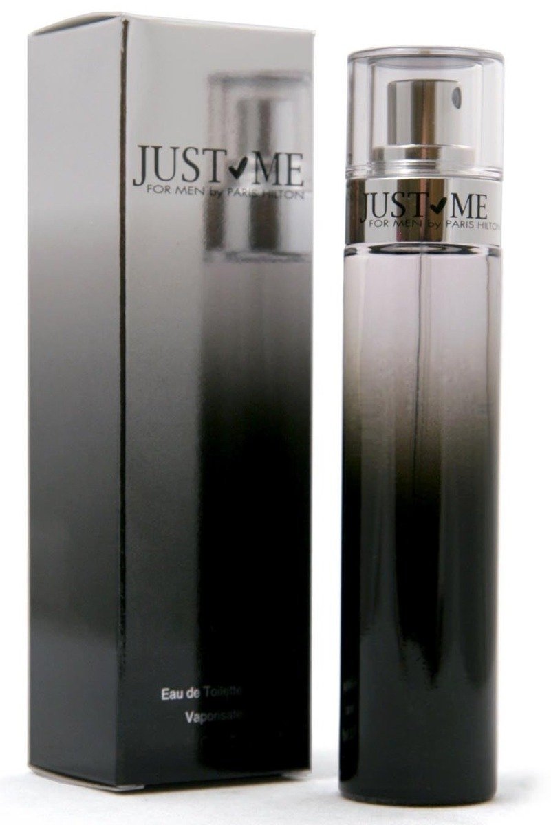 Paris Hilton Just Me men black bottle front showing sleek design and modern appeal