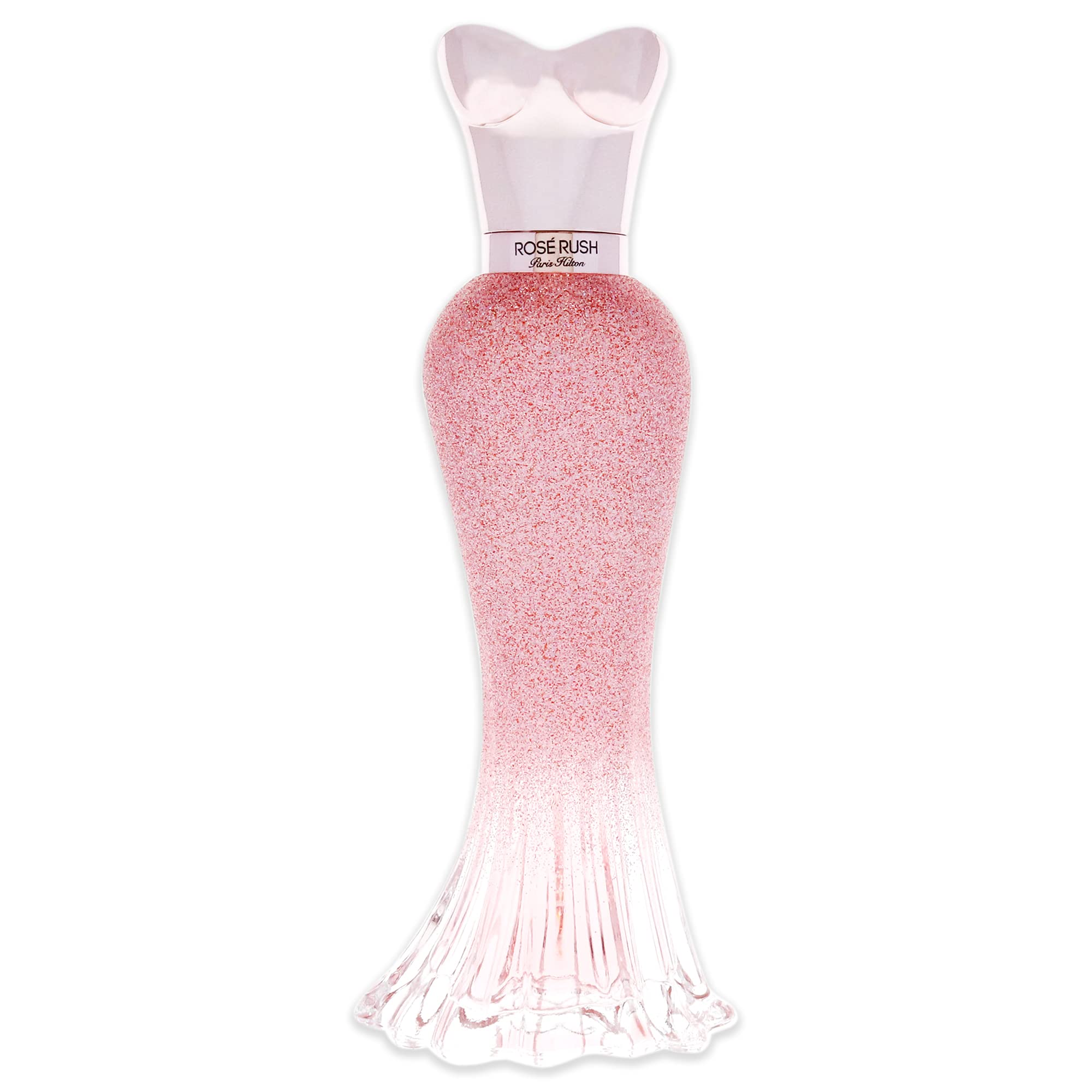 Paris Hilton Rose Rush angled bottle highlighting label and glass texture for appeal