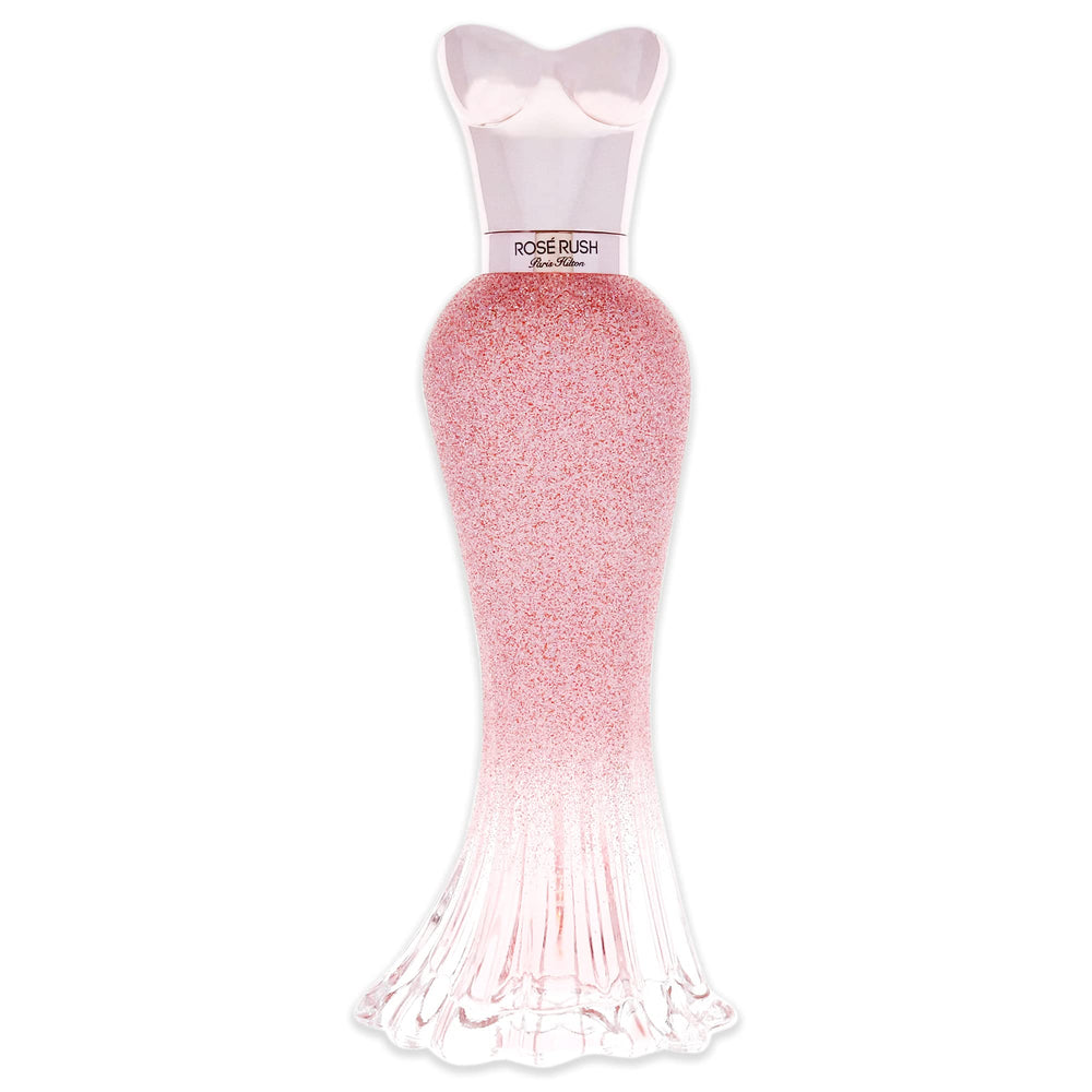 Paris Hilton Rose Rush angled bottle highlighting label and glass texture for appeal