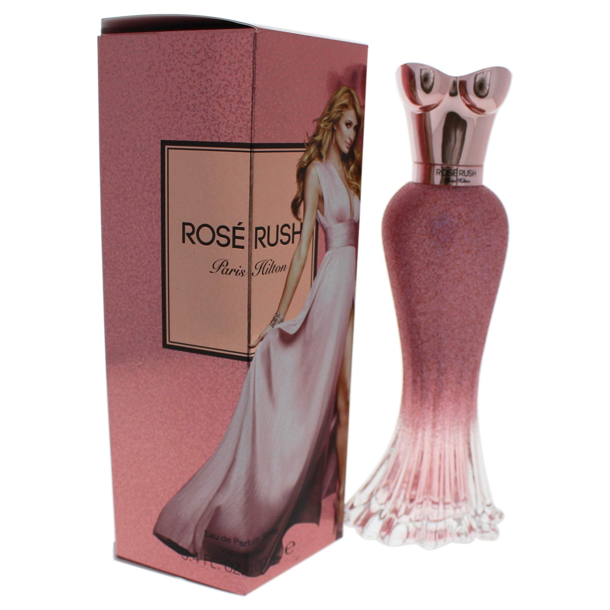 Paris Hilton Rose Rush next to a ruler showing 3.4 oz scale and travel suitability