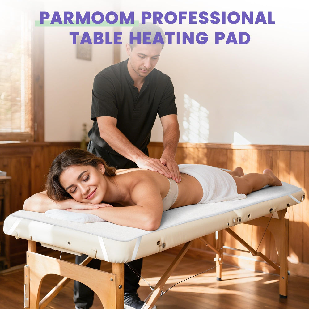 PARMOOM in a spa room on a treatment table creating a welcoming warm client environment