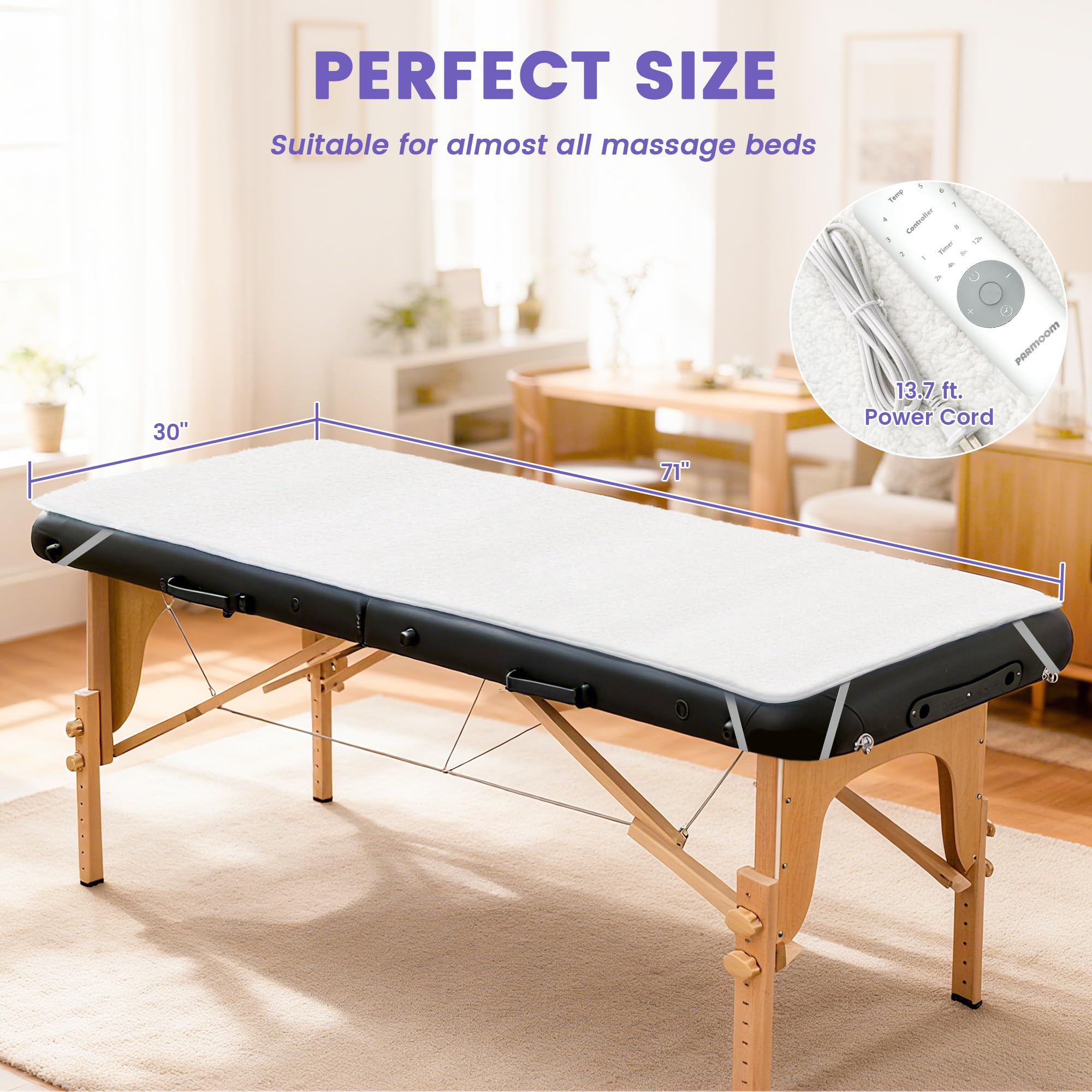PARMOOM pad with tape measure showing 30 by 71 inches size for standard table fit