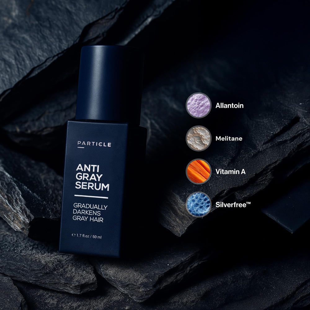Particle serum applied to beard for natural, dye-free gray reduction benefit