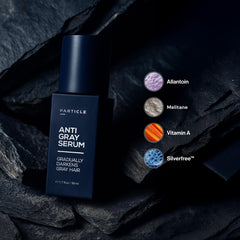 Particle serum applied to beard for natural, dye-free gray reduction benefit