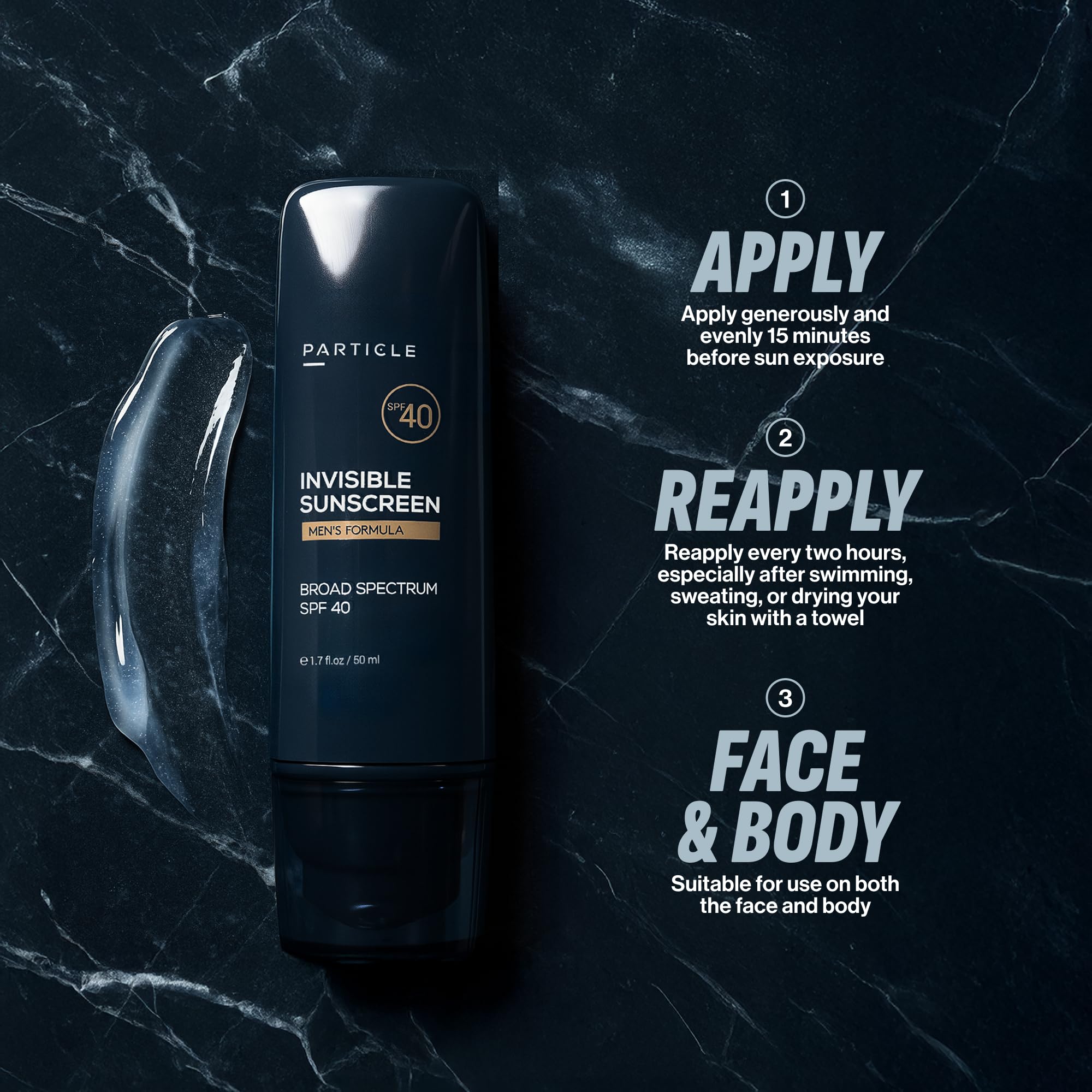 Applying Particle sunscreen to face illustrating smooth, no-white-cast finish