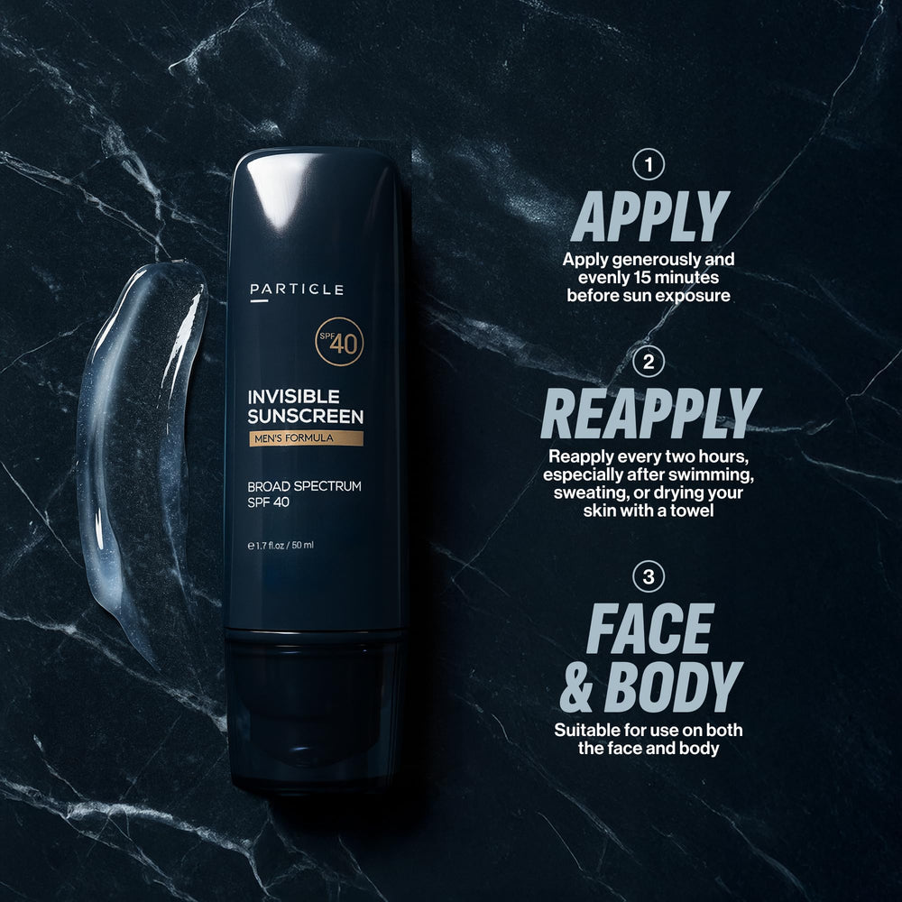 Applying Particle sunscreen to face illustrating smooth, no-white-cast finish